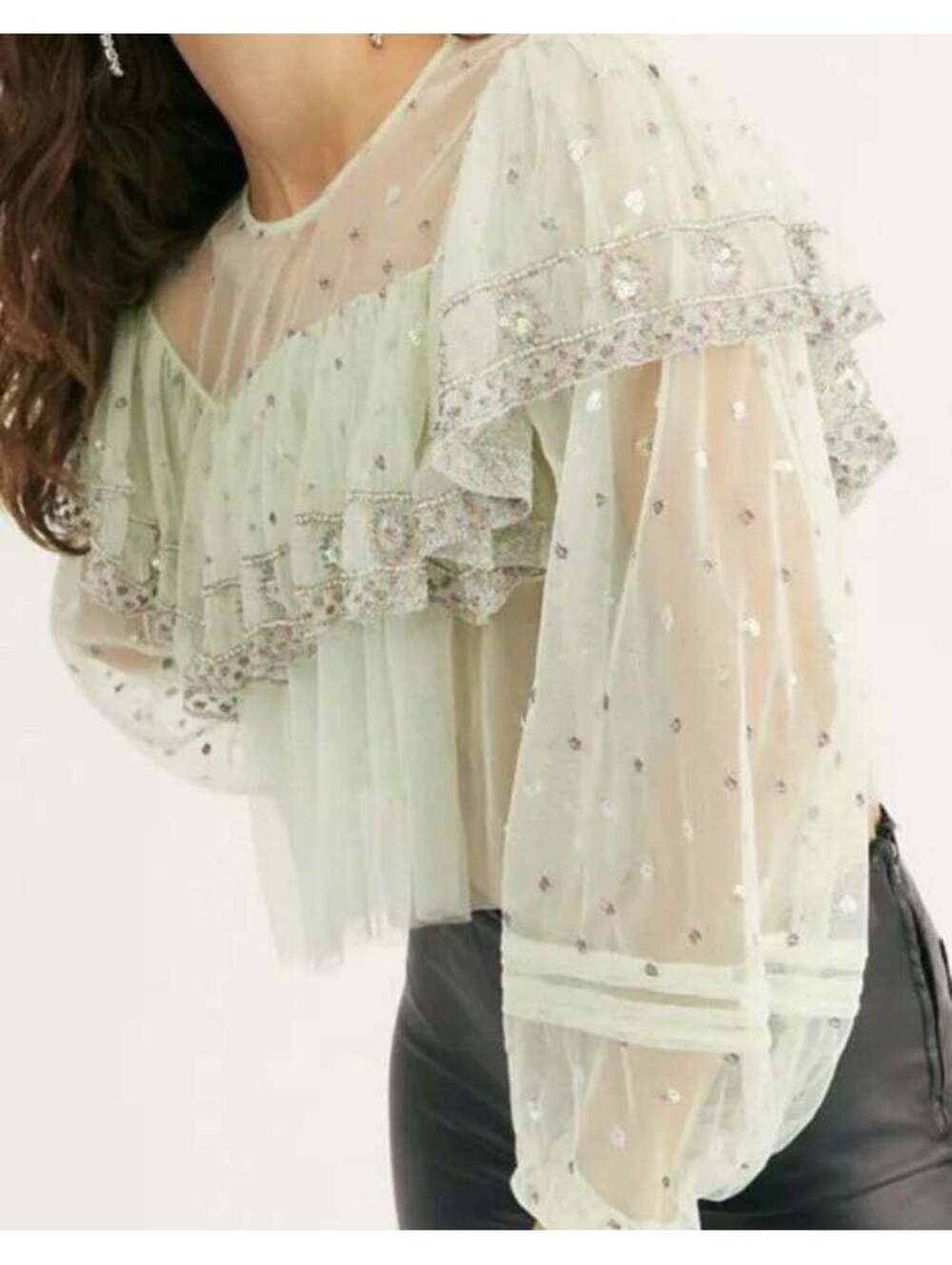 Free People Disco Ball Embellished Embroidered Sequins Flounce Mesh Top Size S